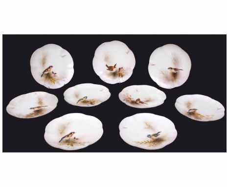 Nine Royal Worcester early 20th century plates of lobed shape painted with bird studies and signed by E Barker, Royal Worcest
