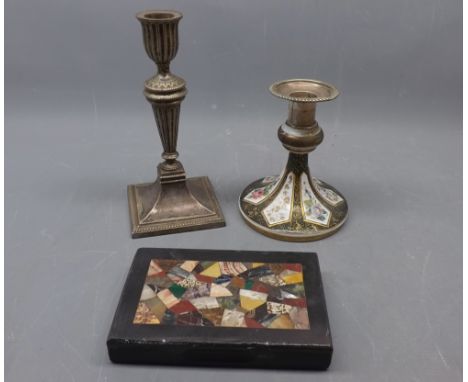 Mixed Lot: silver plated square based candlestick, Bohemian candlestick with glass base and silver plated top and a specimen 