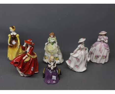 Two Royal Doulton figurines to include "Top of the Hill", "Affection", together with a Coalport figure of a lady in a yellow 