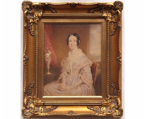 Thomas J Horsley, signed and dated 1844, watercolour, Portrait of a seated lady by a vase of flowers on a table, 10 x 8ins  