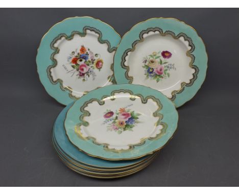 Six Royal Doulton blue and gilded rim plates with central painted floral decoration, together with two 19th century, possibly