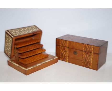 Tunbridge type tea caddy together with Anglo Indian cigarette dispenser