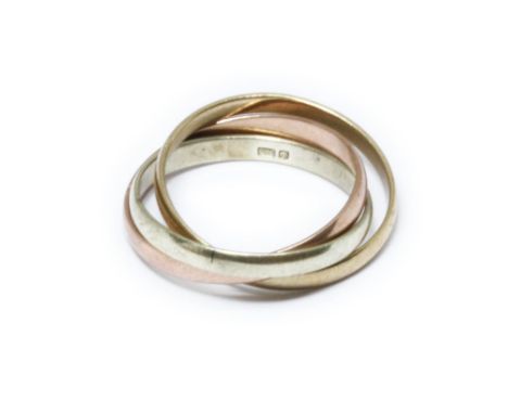 A three colour 9ct gold Russian wedding band, sponsor ZHGld, London 1989, weight 3.9g, size O.Condition - good, general wear.