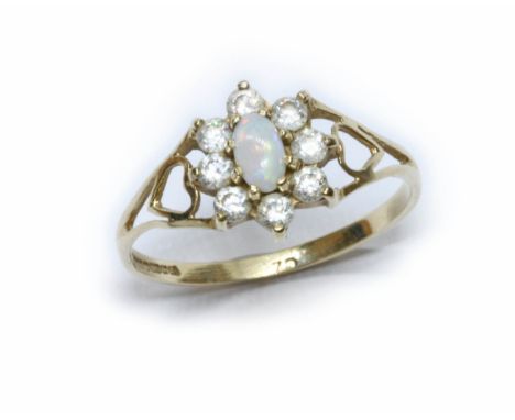 A 9ct gold opal and CZ cluster ring, sponsor P&amp;RB, Birmingham 1990, gross weight 2.4g, size P.Condition - good, general w
