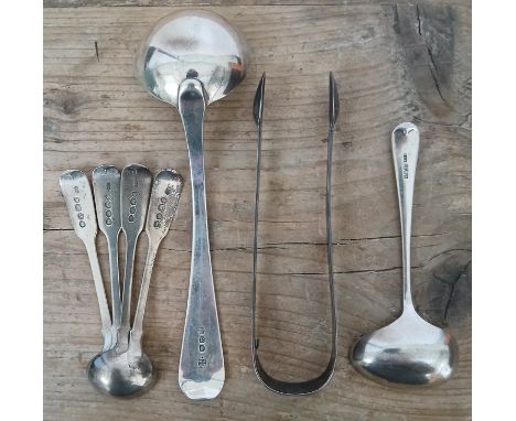 Assorted silver comprising a set of four mustard spoons, William Eaton, London 1833, a pair of provincial Newcastle sugar ton