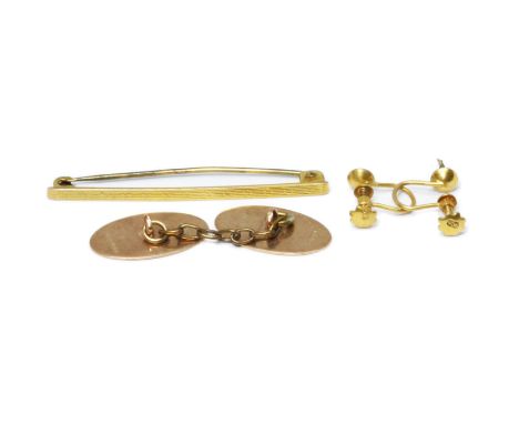 A mixed lot comprising a single hallmarked 9ct gold cufflink, a tie pin marked 9ct and a pair of earring mounts marked 9ct, g