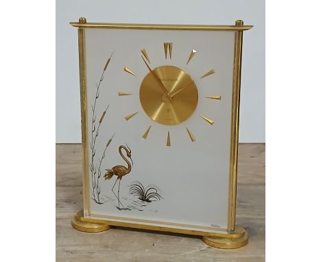 A JAEGER-LECOULTRE MARINA CLOCK, gilt brass and perspex with Japanese inspired decoration depicting a crane amongst reeds, nu