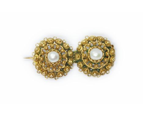 An antique yellow metal pearl brooch, unmarked, length 36mm, gross weight 5.2g.Condition - tests as high carat gold however s