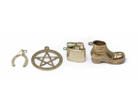 A group of four hallmarked 9ct gold charms comprising a boot, a lighter, a horse shoe and a pentagon star, gross weight 5g.