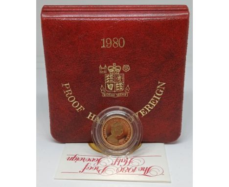 A Royal Mint 1980 Gold Proof Half Sovereign, 22ct gold coin, weight 3.99g, diameter 19.30mm, in presentation case with certif