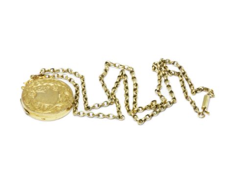 A yellow metal photo locket with scroll pendant mount, unmarked, length 30mm, on chain marked 9c, length 46cm, gross weight 6
