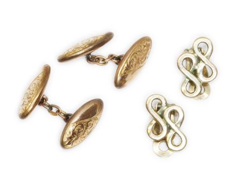 A pair of antique torpedo shaped 9ct gold cufflinks and a pair of clip on earrings marked 375, gross weight 6.8g.