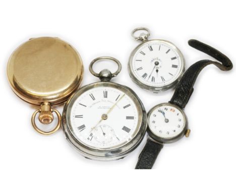 Assorted watches comprising a gold plated Waltham pocket watches, two open faced silver pocket watches and a 'Trench' type si