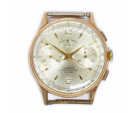 A Swiss 18ct gold chronograph wristwatch, case diameter 37mm, dial signed Sully Special, 17 jewel manual wind movement, gross