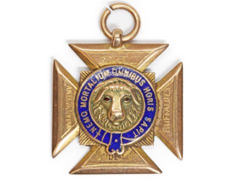 A 9ct gold ROAB fob, buffalo head with blue enamel with latin script, sponsor C&amp;CO, Birmingham 1928, length 35mm, gross w