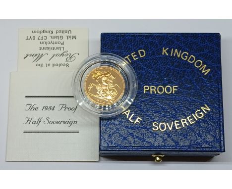 A Royal Mint 1984 Gold Proof Half Sovereign, 22ct gold coin, weight 3.99g, diameter 19.30mm, in presentation box with certifi