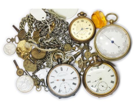 A mixed lot comprising three pocket watches, a pocket barometer, watch chains, watch keys etc.