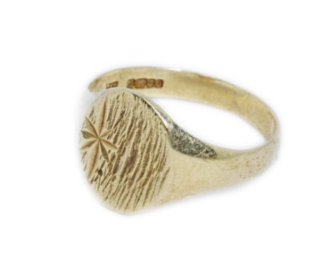 A 9ct yellow gold signet ring, sponsor PJJ, Birmingham 1985, weight 3.4g, size V.&nbsp;Condition - edge of band feels a littl