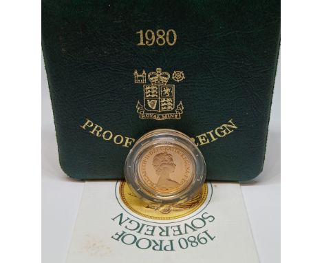 A Royal Mint 1980 Gold Proof Sovereign, 22ct gold coin, weight 7.988g, diameter 22.12 mm, in presentation case with certifica