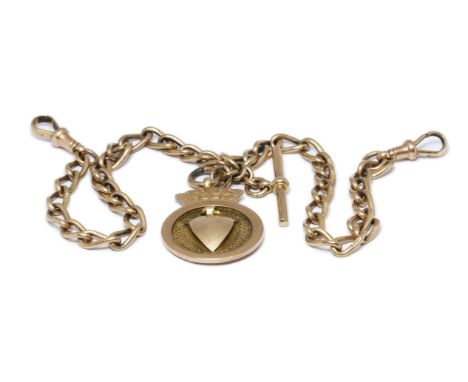 AN ANTIQUE DOUBLE ALBERT WATCH CHAIN, oval links marked 9.375, T bar and one dog clip clasp with sponsor JG&amp;S, 9.375 and 