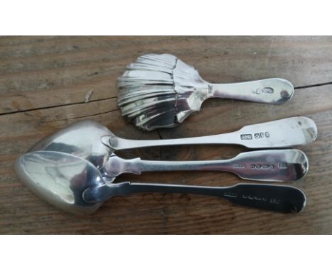 Four assorted Scottish silver spoons comprising a pair of Aberdeen provincial spoons by George Jamieson, another teaspoon and