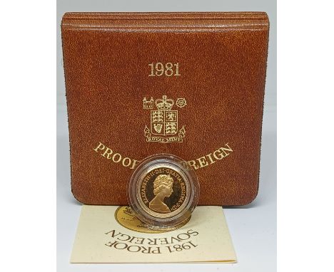 A Royal Mint 1981 Gold Proof Sovereign, 22ct gold coin, weight 7.988g, diameter 22.05 mm, in presentation case with certifica
