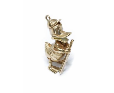 A 9ct gold charm modelled as Donald Duck with cricket bat, sponsor PPLD, Birmingham 1962, length 25mm, weight 7g.Condition - 