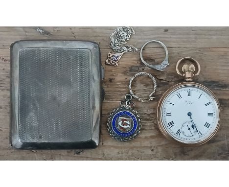 A mixed lot comprising a hallmarked silver cigarette case, a gold plated Waltham open faced pocket watch etc.
