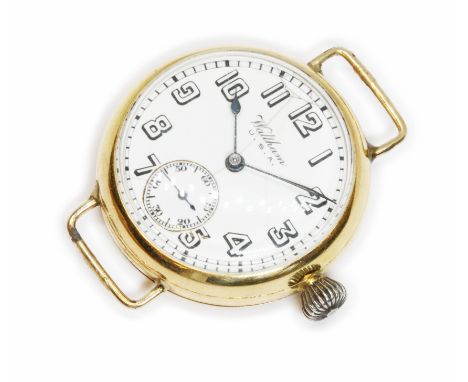 WALTHAM USA, an 18ct gold trench type wristwatch, case diameter 33mm, Dennison case hallmarked, Birmingham 1917, manual wind 