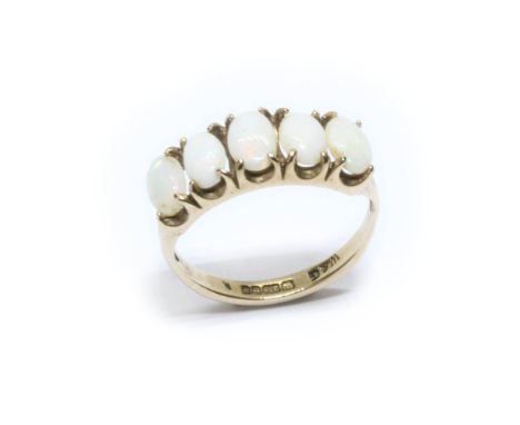 A 9ct gold five stone opal ring, sponsor W&amp;G, Birmingham 1976, gross weight 2.4g, size L.Condition - general wear.