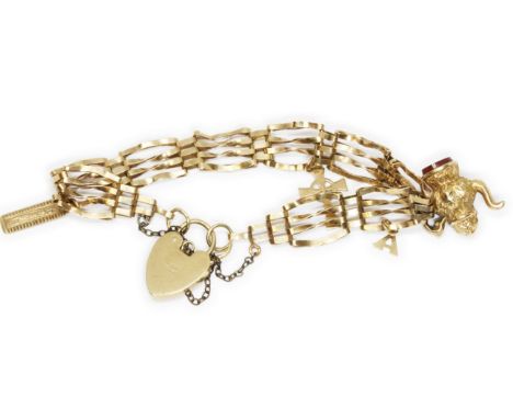 A 9ct gold bracelet with unmarked charms, gross weight 12.3g, length 18cm.Condition - generally poor, twisted etc.