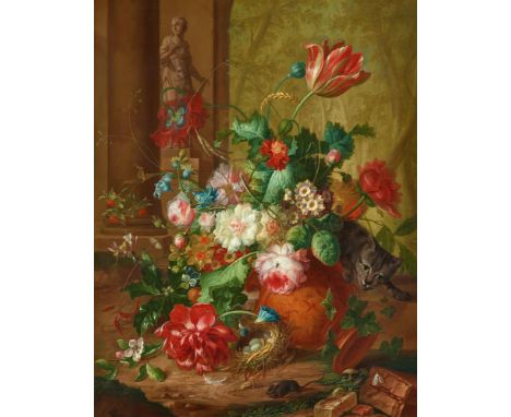 Johannes Christianus Roedig, Blumenstillleben mit Steinskulptur, Katze und Maus, Früchtestillleben mÖl auf Holz. 72,4 x 57,9 