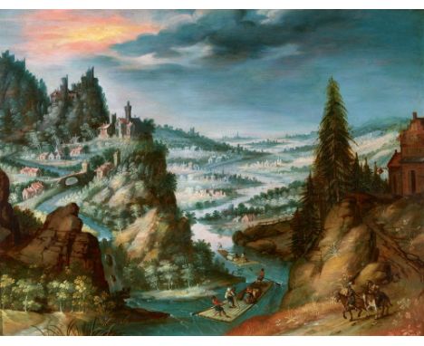 Anton Mozart, Weite Landschaft mit FlößernÖl auf Holz. 35 x 45,5 cm.Monogrammiert unten rechts: AM.Im Vergleich zu seinen Aug