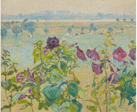 Max Clarenbach, Blüten (Stockrosen), Blick auf den Rhein bei WittlaerÖl auf Leinwand. 53,5 x 65 cm.Signiert unten rechts: M. 
