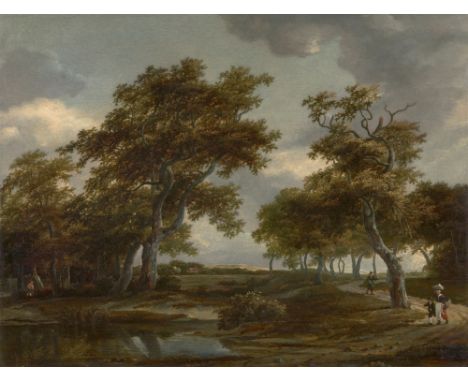 Meindert Hobbema, Bewaldete Flusslandschaft mit Figuren auf einem WegÖl auf Holz (parkettiert). 54,2 x 71 cm.Signiert mit Ini
