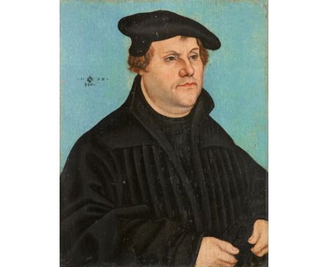 Lucas Cranach d. Ä., Werkstatt, Porträt Martin LutherÖl auf Holz. 19,1 x 14,8 cm.Bezeichnet und datiert Mitte links mit dem S