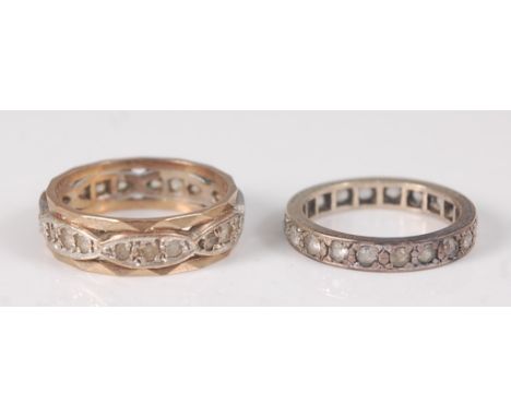 Two yellow metal colourless sapphire full hoop eternity rings, one tested as 14ct and set with 21 sapphires, total weight est