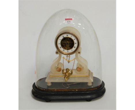 A 19th century onyx cased drum head mantel clock having enamelled chapter ring with Roman numerals and visible escapement sus