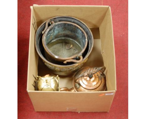 A box of miscellaneous items to include Arts &amp; Crafts copper kettle with wrought iron handle, a reproduction brass cased 