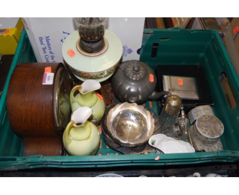 A collection of miscellaneous items, to include a 1920s oak cased mantel clock, an early 20th century floral painted glass oi