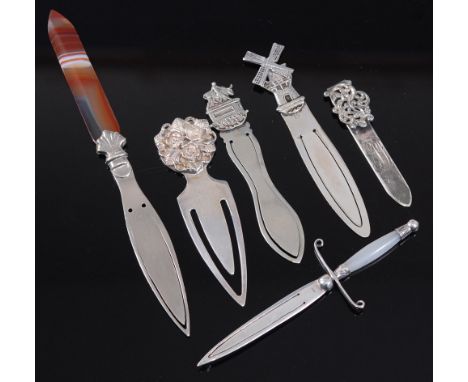 A modern continental silver bookmark in the form of a dagger, having mother of pearl handle, length 9.5cm; together with a wh