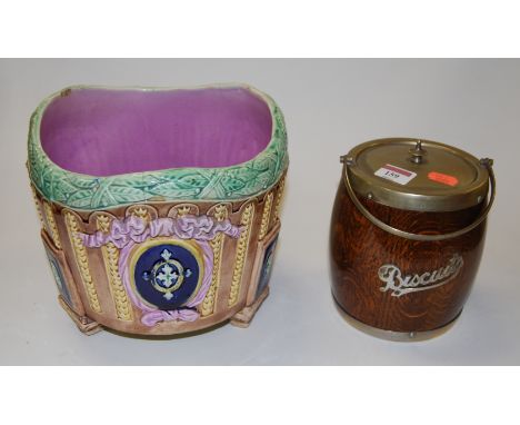 A Victorian majolica jardiniere glazed in shades of brown, blue, green and purple, dia. 23cm; together with an early 20th cen