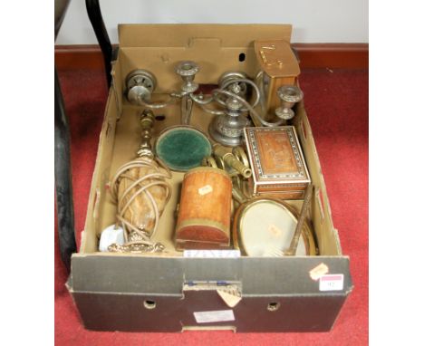 A box of miscellaneous items, to include silver plated candelabra, onyx table lamp etc