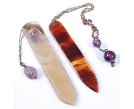 A 19th century bookmark, having agate tapering blade surmounted with an amethyst carved as a scarab beetle, having further ca