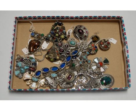 A collection of mainly modern white metal and hardstone inset jewellery to include bugle, celtic cross etc