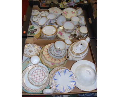 Two boxes containing various ceramics, 19th century porcelain boat shaped teapot, mixed coffee cans, teacups, saucers &amp; d