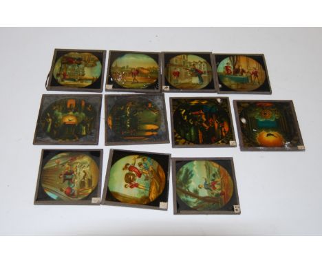 A large collection of magic lantern slides, to include medieval court scenes, naval scenes, buildings and topographical views