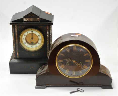 A late Victorian black slate and marble cased mantel clock of architectural form having enamelled chapter ring with Arabic nu