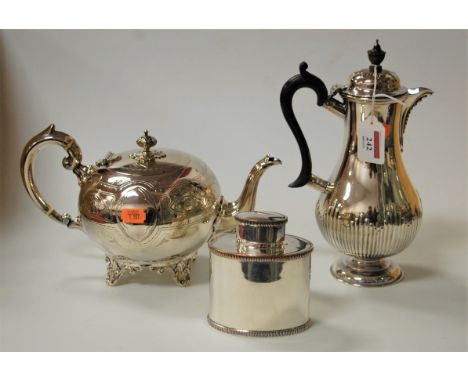 An Old Sheffield Plate tea canister, of plain undecorated oval form, h.11cm; together with a Georgian style silver plated cof