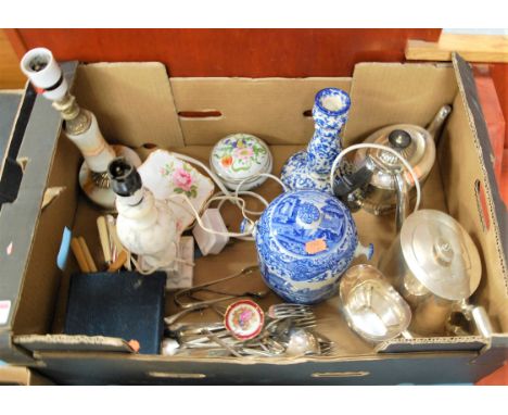 A box of miscellaneous items, to include a Copeland Spode Italian biscuit barrel and cover, loose silver plated flatware, ony